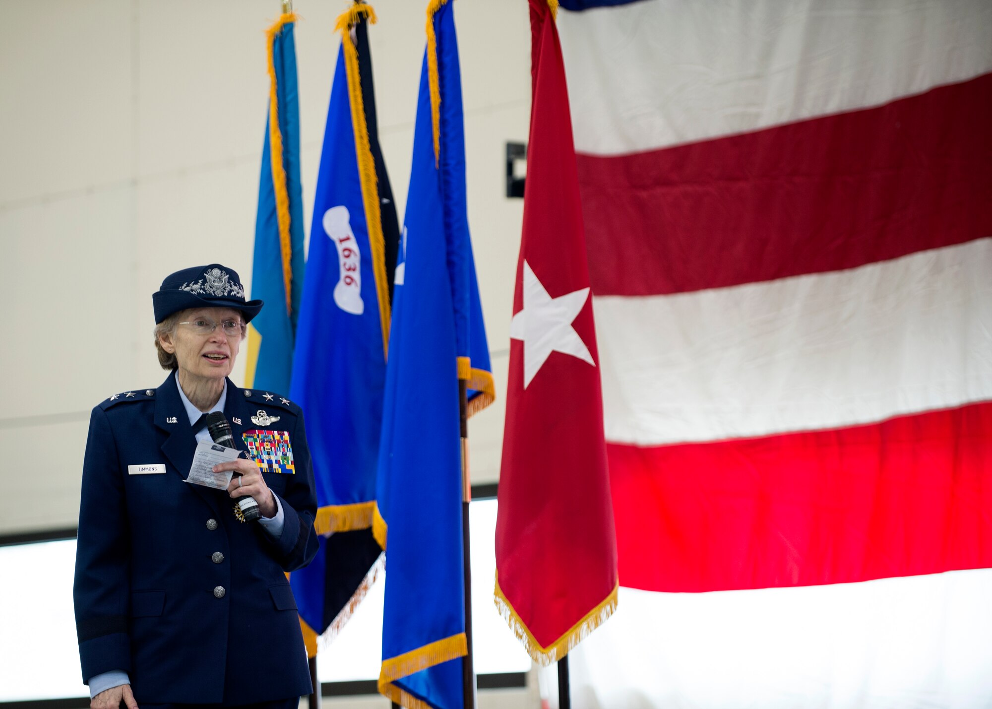 U.S. Air Force Maj. Gen. Carol Timmons addresses the crowd during a change of command ceremony at the Army Aviation Facility, New Castle, Del., March 2, 2019. Timmons served as the first female TAG of the DNG and first female Major General in the DNG. (U.S. Air National Guard photo by Senior Airman Katherine Miller)