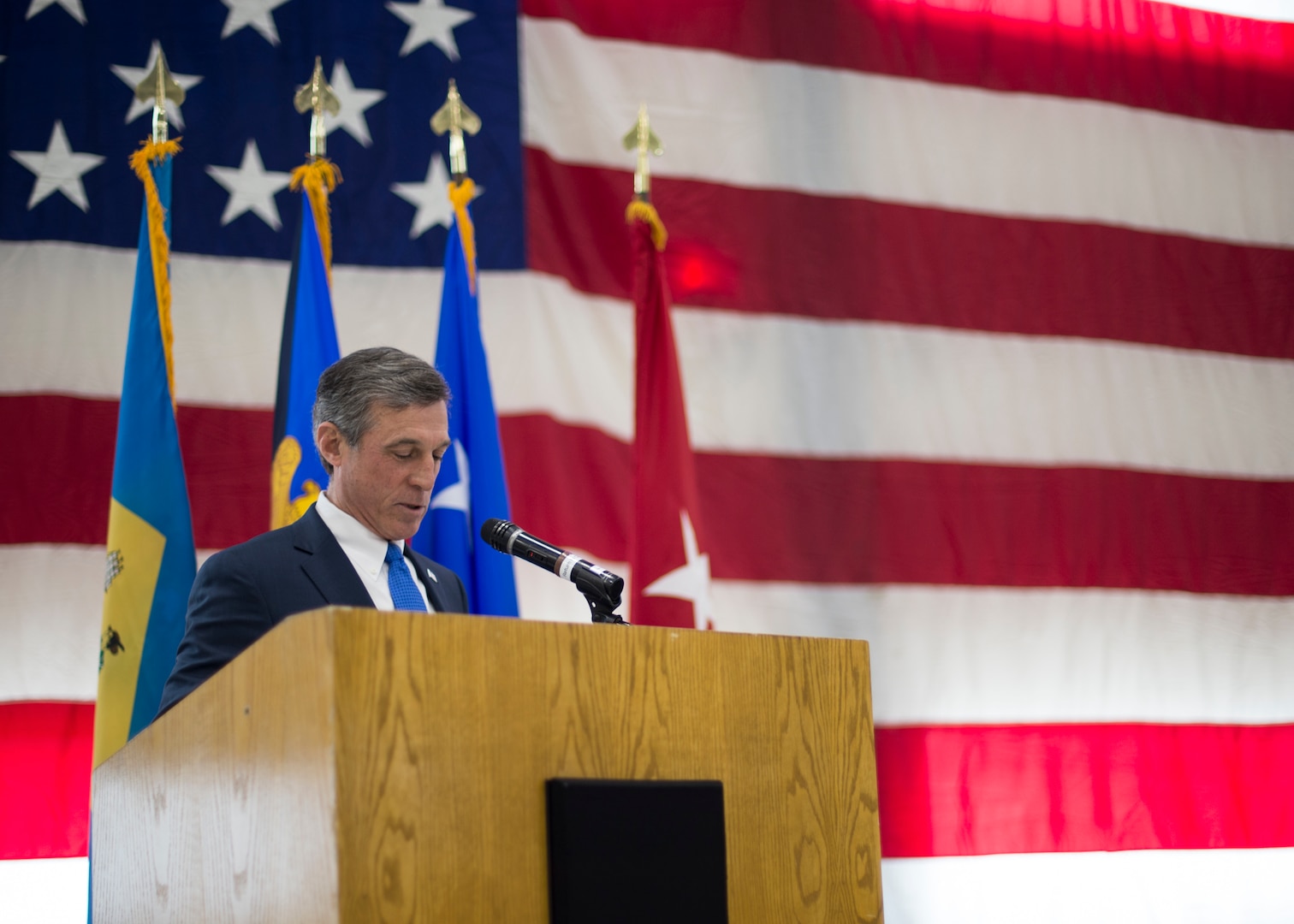 Delaware Governor John Carney addresses the crowd during a change of command ceremony at the Army Aviation Facility, New Castle, Del., March 2, 2019. Berry’s nomination was selected by Carney and was confirmed by the Delaware State Senate. . (U.S. Air National Guard photo by Senior Airman Katherine Miller)