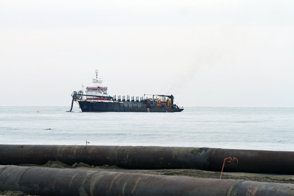 A hopper dredge is out on the water