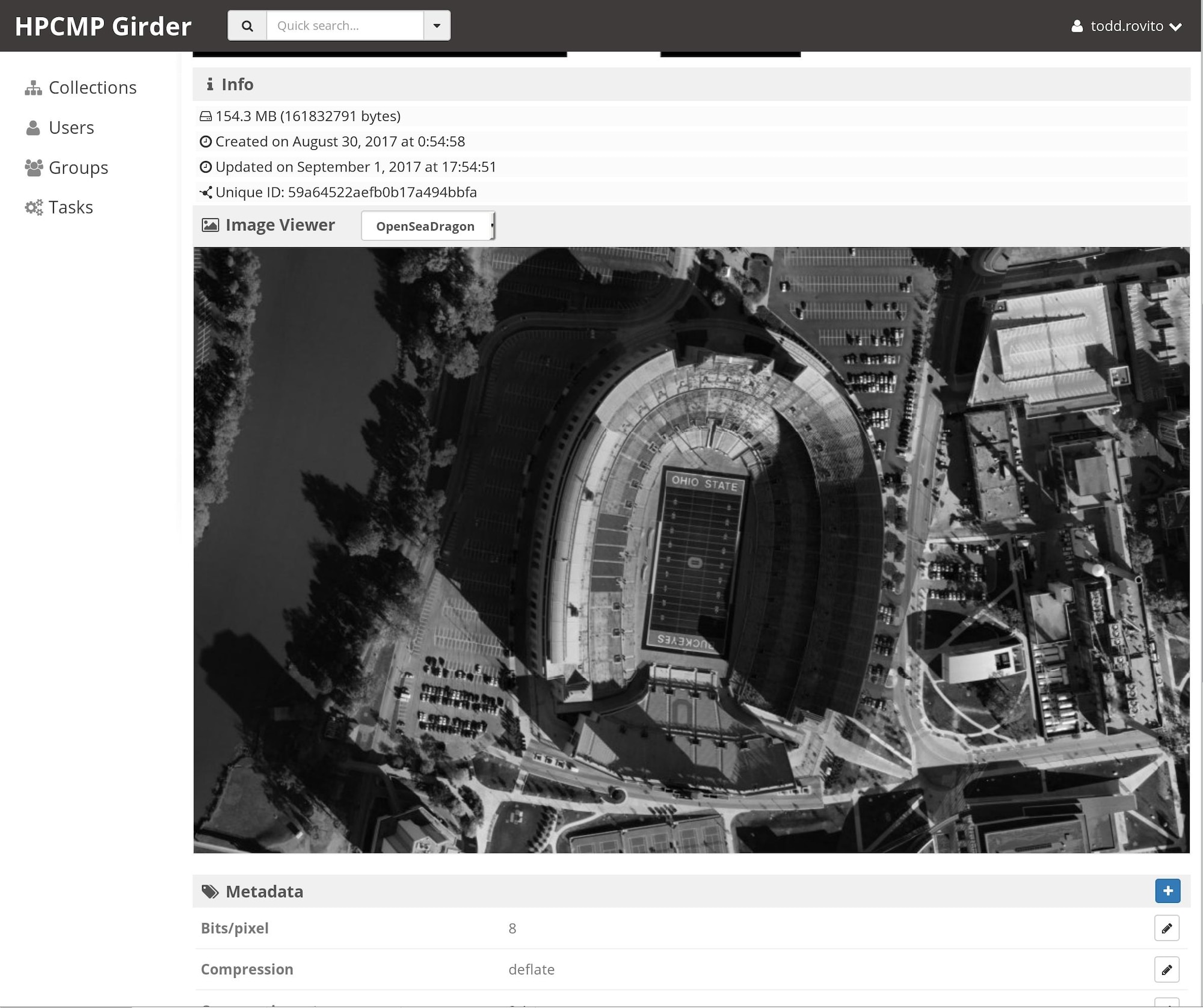 This photo shows the type of sensor data AFRL collects from a developmental sensor, flying over the Ohio State University “horse shoe” stadium. AFRL uses similar images to develop and test new machine learning algorithms. This sensor data is tagged with over 3.5 million labels, and the DoD High Performance Computing Modernization Program Institute now uses Containers to rapidly deploy and test our improved machine learning algorithms. (U.S Air Force graphic by Nikki Kinoshita)