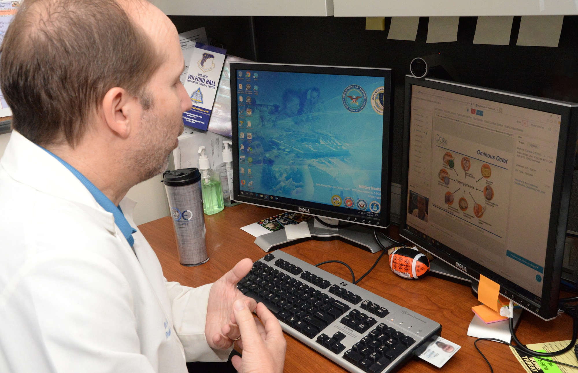 A diabetes specialists with the Diabetes Center of Excellence at Wilford Hall Medical Center, Joint Base San Antonio-Lackland, Texas, conducts a diabetes and prevention ECHO session, using telehealth to provide virtual consultation and mentorship for Air Force primary care providers at different military treatment facilities, Nov. 19, 2018. Project ECHO (short for Extension for Community Healthcare Outcomes) was originally developed by the University of New Mexico. The AFMS began using a modified version of Project ECHO in 2012 to improve the ability to connect medical Airmen with specialty providers at other military treatment facilities using telehealth capabilities. (U.S. Air Force illustration)