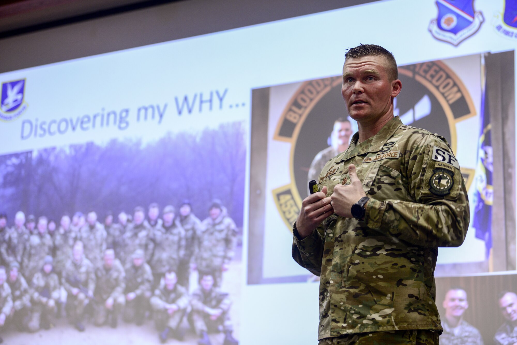 Maj. Shawn Chamberlin, Kirtland Talks featured speaker, presents his talk “Defining your why,” at Kirtland Air Force Base, N.M., Feb. 28, 2019. The Kirtland Talks program was created for Team Kirtland to give short, inspirational speeches on various topics with hopes of inspiring and motivating Kirtland personnel. (U.S. Air Force photo by Staff Sgt. Kimberly Nagle)