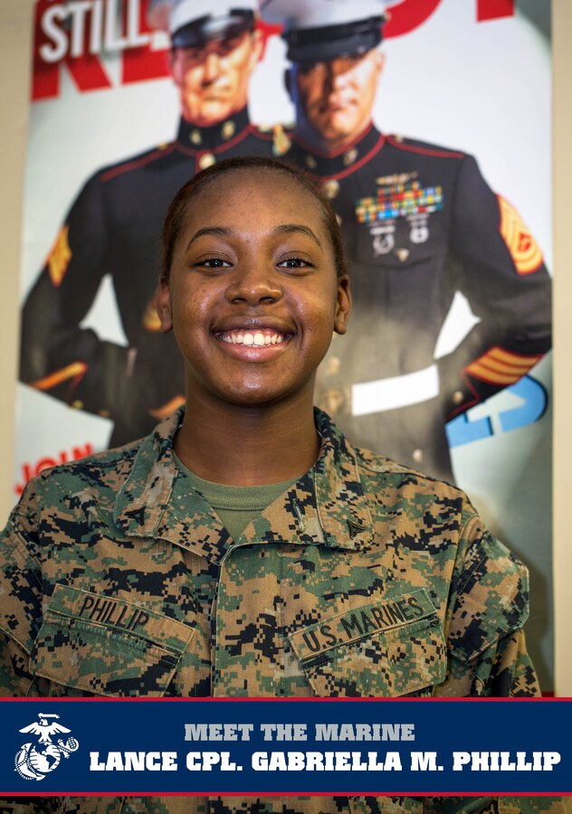 U.S. Marine Corps Lance Cpl. Gabriella M. Phillip poses for a photo at Marine Corps Air Station Cherry Point, North Carolina, Jan. 15, 2019. Phillip, 18, from Poughkeepsie, New York, is the first military member, let alone Marine, in her family. Phillip joined the Marine Corps on Nov. 27, 2017, and is currently serving as an administrative specialist assigned to Headquarters and Headquarters Squadron, MCAS Cherry Point. (U.S. Marine Corps photo by Sgt. Cody H. Shepard)