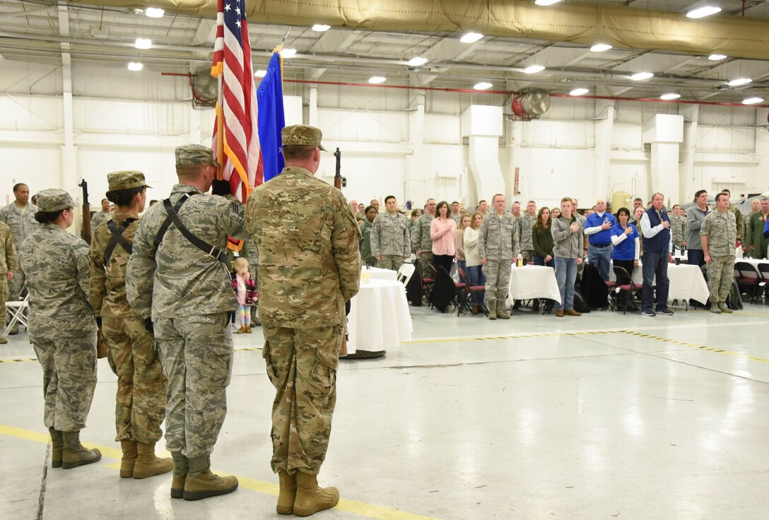 The 301st Fighter Wing Honor Guard presents the colors at the Maintenance Professional of the Year (MPOY) ceremony March 2, 2019 at Naval Air Station Fort Worth Joint Reserve Base, Texas. The MPOY is an event that allows the hard working MXG Airmen the opportunity to celebrate their outstanding accomplishments from the previous year.
(U.S. Air Force photo by Airman 1st Class Brittany Morelock)
