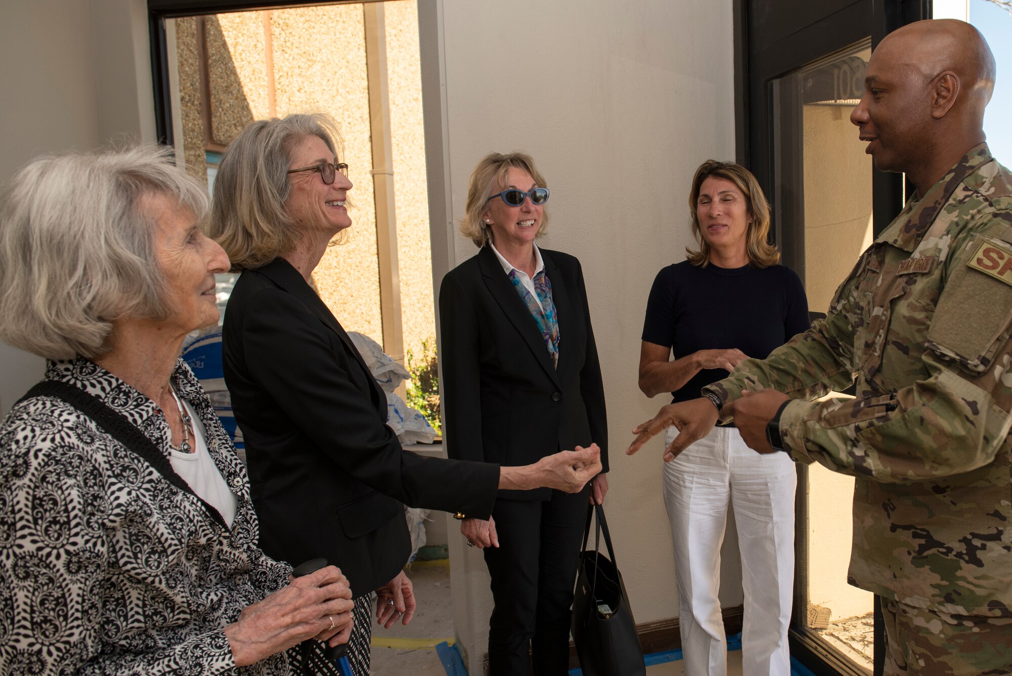Chief Master Sgt. Craig Williams, 325th Fighter Wing command chief, thanks the daughter and granddaughters of World War I pilot Lt. Frank B. Tyndall, 2nd Bombardment Group after their visit at Tyndall Air Force Base, Fla., Feb. 25, 2019. Mary Tyndall Troff and her daughters were invited to visit TAFB after she sent a letter about her concerns for the base and the well-being of Airmen after Hurricane Michael. (U.S. Air Force photo by Staff Sgt. Alexandre Montes)