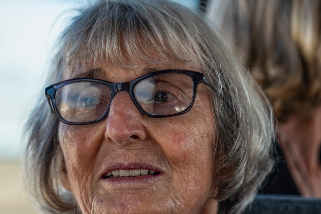 Mary Tyndall Troff, daughter of World War I pilot Lt. Frank B. Tyndall, 2nd Bombardment Group, looks onto the airfield that was named after her father at Tyndall Air Force Base, Fla., Feb. 25, 2019. Mary and her daughters were invited to visit TAFB after she sent a letter about her concerns for the base and the well-being of Airmen after Hurricane Michael. (U.S. Air Force photo by Staff Sgt. Alexandre Montes)