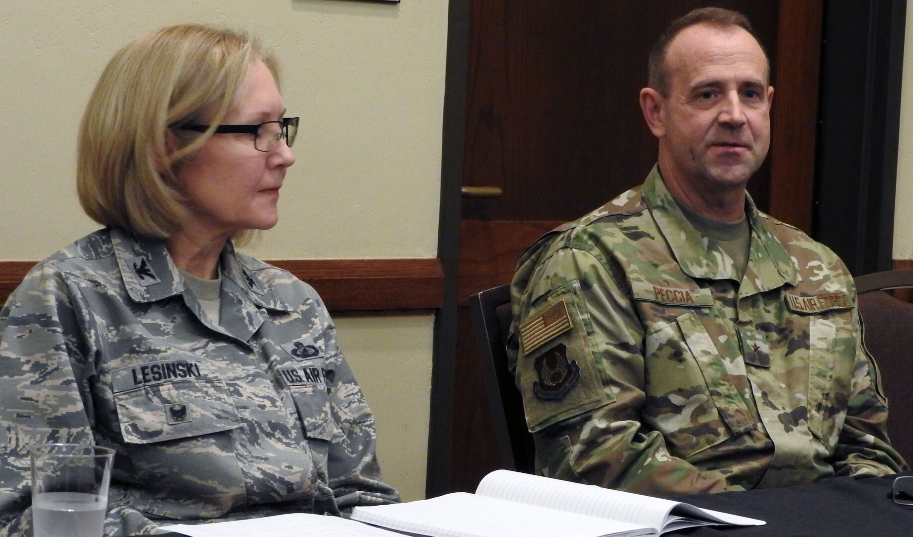 Brig. Gen. Jim Peccia and Col. Cindy Lesinski, Chief Financial Officers for Air Force Materiel Command and Air Force Global Strike Command, respectively, discuss leadership and financial management career field issues with budget officers from across the Air Force during a conference in San Antonio Feb. 28.