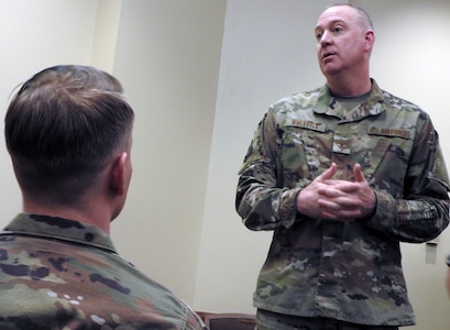 Col. Lance Whitfill, Financial Management director and comptroller at Air Mobility Command, encourage Air Force budget officers to take advantage of cross flow and networking opportunities at the AFIMSC Budget Officers Summit in San Antonio Feb. 28.