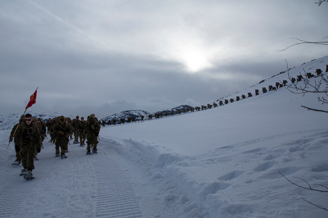 A long line of Marines walk through the snow during a training exercise.