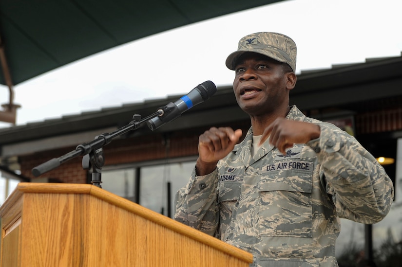Colonel Terrence Adams, 628th Air Base Wing and Joint Base Charleston commander, gives closing remarks during The Dive grand reopening ribbon cutting ceremony March 1, 2019, on the Naval Weapons Station.