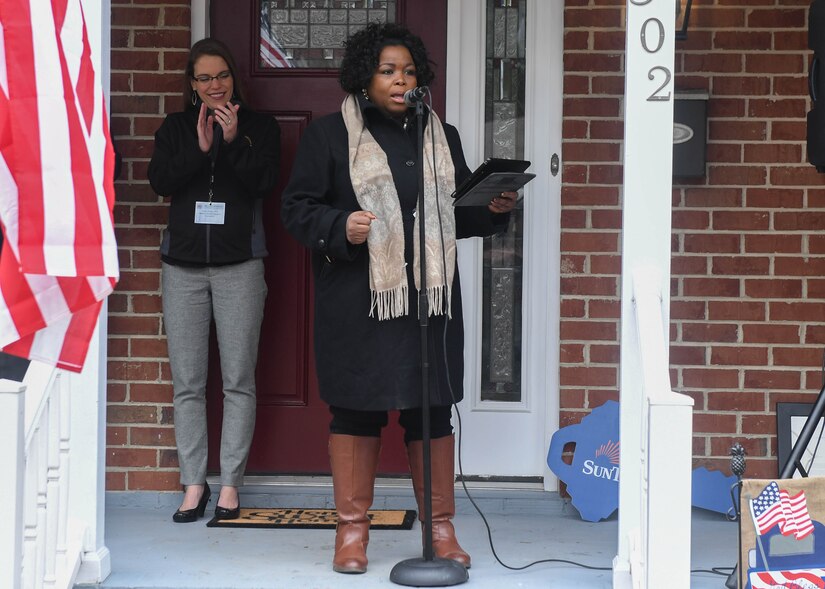 Tina Vick, Newport News vice mayor, gives a speech at a home key transferring event in Newport News, Virginia, March 2, 2019.  A motorcade of first responders escorted Joshua Howe and his family to their new home so they could see it for the first time. (U.S. Air Force photo by Senior Airman Derek Seifert)