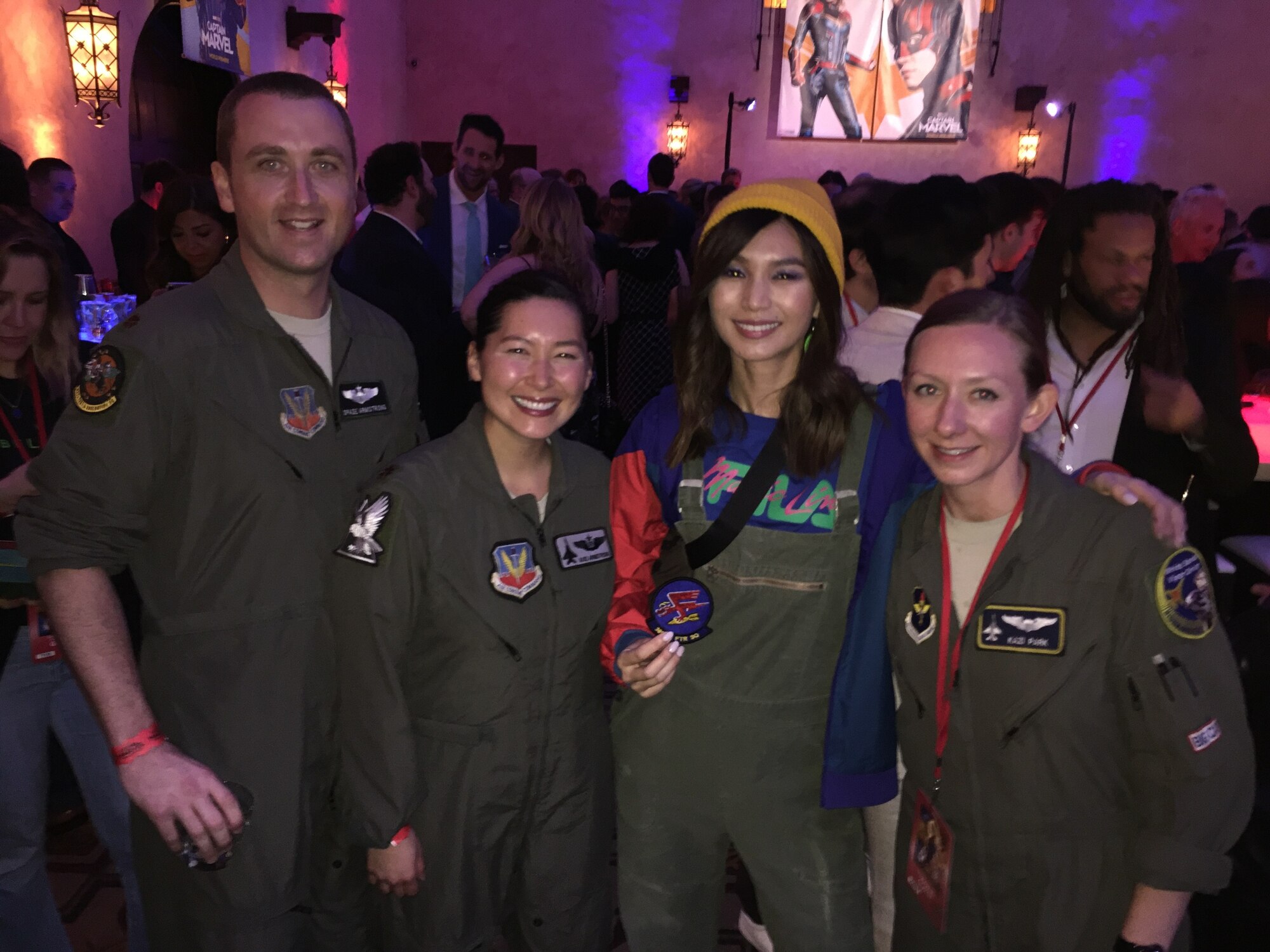 Capt. Danielle Park (right), 311th Fighter Squadron instructor pilot, stands next to Gemma Chan, who plays Doctor Minerva in Captain Marval, while at the premiere of the film in Los Angeles, Calif, March 4, 2019. Park was invited to attend the premiere of Captain Marval after giving the actress, Brie Larson, a ride in an F-16 Fighting Falcon while stationed at Nellis Air Force Base, Nev. (Courtesy photo)