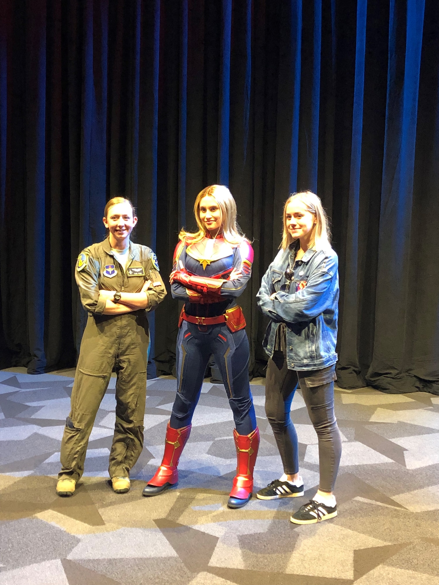 Capt. Danielle Park (left), 311th Fighter Squadron instructor pilot, poses with the Captain Marval Disney character impersonator in Los Angeles, Calif, March 4, 2019. Park was invited to attend the premiere of Captain Marval after giving the actress, Brie Larson, a ride in an F-16 Fighting Falcon while stationed at Nellis Air Force Base, Nev. (Courtesy photo)