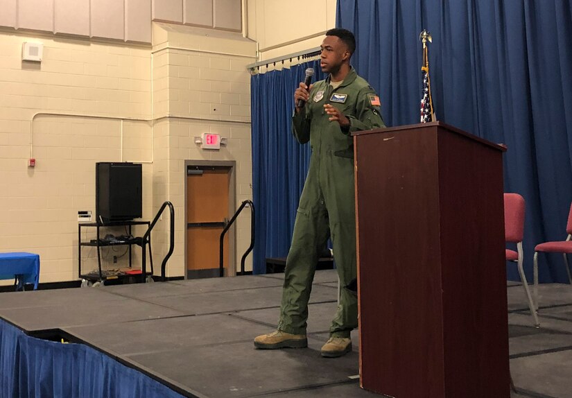 Capt. Alex Flowers, 14th Airlift Squadron C-17 Globemaster III pilot, shares his personal story of becoming a pilot during a school presentation Feb. 28, 2019, at North Charleston High School, Charleston, S.C.