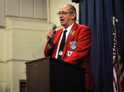 Marvin Williams, South Carolina Spann Watson Chapter of Tuskegee Airman Inc. representative, speaks during a school presentation Feb. 28, 2019, at North Charleston High School, Charleston, S.C.