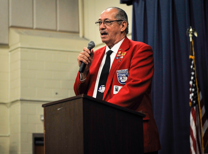 Marvin Williams, South Carolina Spann Watson Chapter of Tuskegee Airman Inc. representative, speaks during a school presentation Feb. 28, 2019, at North Charleston High School, Charleston, S.C.