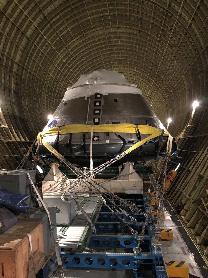 National Aeronautics and Space Administration’s (NASA) uses the flight line at Marine Corps Air Station Cherry Point, North Carolina, to transport a space capsule to a testing site Feb. 28, 2019. The space capsule was transported by NASA's B-377-SG/SGT Super Guppy Turbine cargo aircraft, used for hauling outsize cargo components. (U.S. Marine Corps courtesy photo by Lance Cpl. Christian Adams)