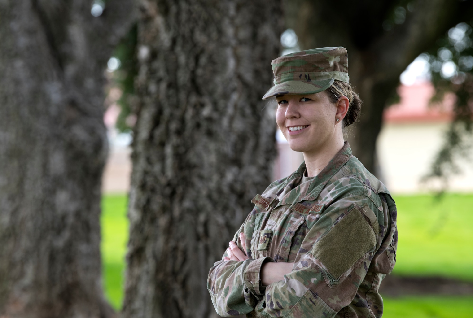 Staff Sgt. Emily Johnson, 349th Aeromedical Staging Squadron admin assistant, poses for a photo at Travis Air Force Base, Calif., on March 4, 2019. In January, Johnson helped save lives in a multiple car crash on Interstate 80 near Fairfield, Calif. during rush hour. (U.S. Air Force photo by Staff Sgt. Daniel Phelps)