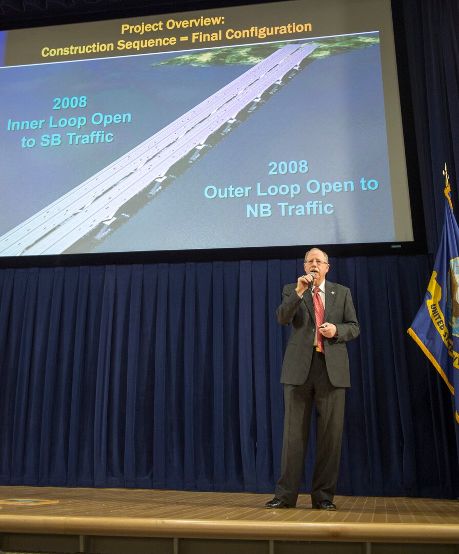 Jim T. Ruddell speaks about his experience as the Woodrow Wilson Bridge Replacement project manager during Naval Surface Warfare Center, Carderock Division’s celebration of National Engineers’ Week on Feb. 27, 2019, in West Bethesda, Md. (U.S. Navy photo by Ryan Hanyok/Released)