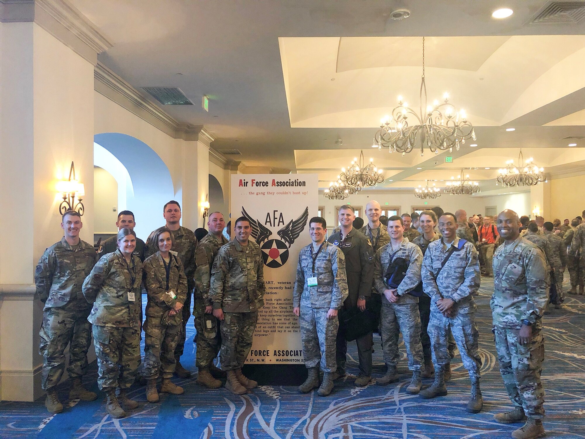 Airmen from the 33rd Fighter Wing pose for a photo at the Air Force Association’s professional development event, the Air Warfare Symposium, on Feb. 28, 2019 in Orlando, Fla. The symposium brings together Air Force senior leaders and leaders in industry, academia, and government to address the challenges the Air Force faces today and in the future. (U.S. Air Force Photo by 1st Lt Savannah Stephens)