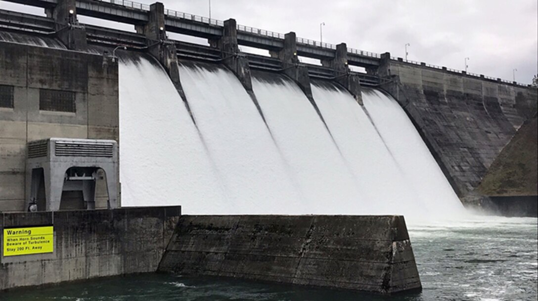 Dale Hollow Dam on the Obey River in Celina, Tenn., discharges water March 4, 2019. (USACE photo by Don Busbice)