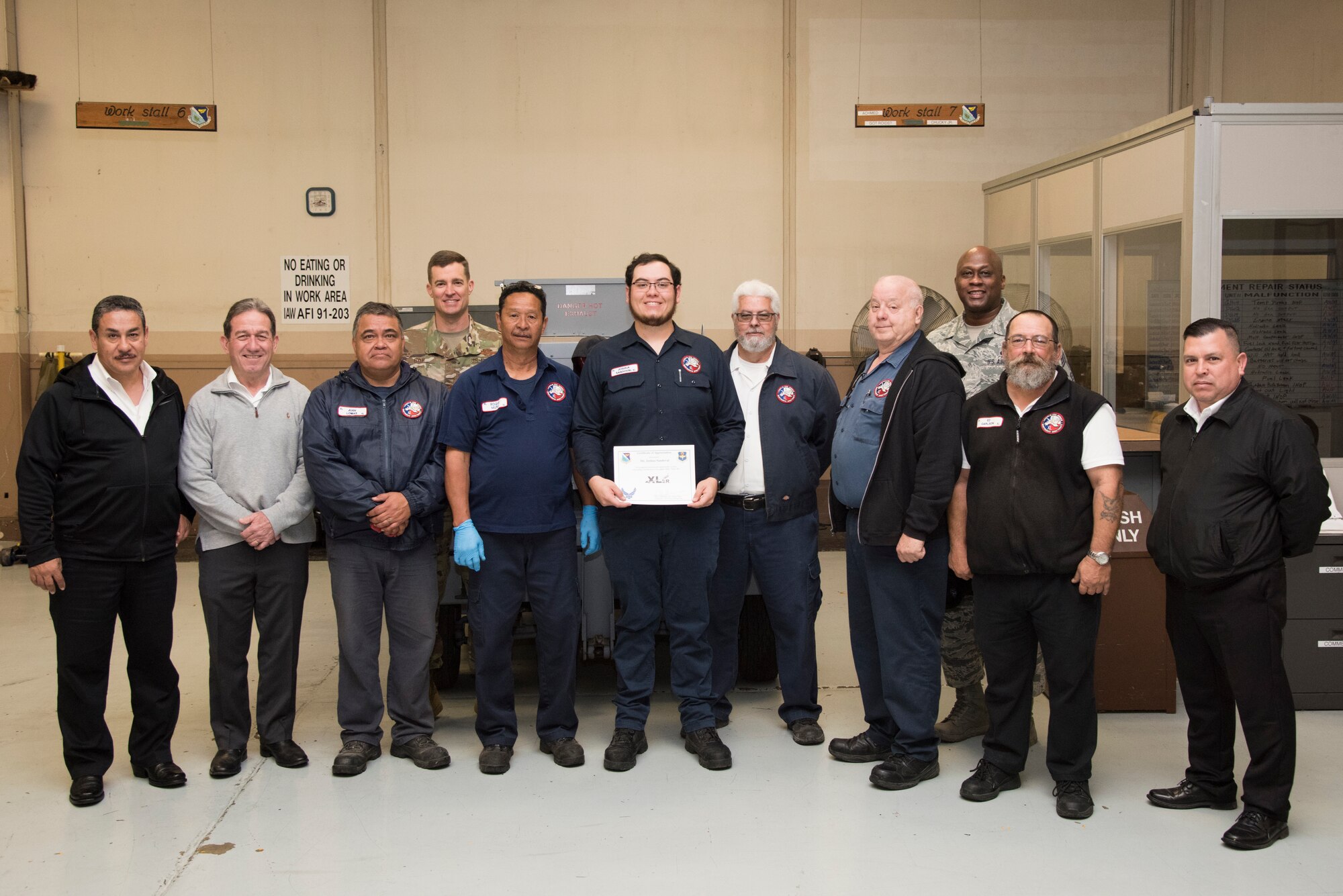 Joshua Sandoval, 47th Maintenance Directorate aerospace ground equipment repair technician, was chosen by wing leadership to be the “XLer” of the week, for the week of Feb. 25, 2019, at Laughlin Air Force Base, Texas. The “XLer” award, presented by Col. Lee Gentile, 47th Flying Training Wing commander, is given to those who consistently make outstanding contributions to their unit and the Laughlin mission. (U.S. Air Force photo by Senior Airman Benjamin N. Valmoja)