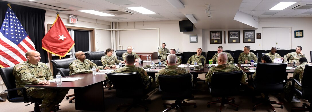Brig. Gen. Kris A. Belanger, Commanding General, 85th U.S. Army Reserve Support Command, along with 5th Armored Brigades command team, conduct a command brief with Army Reserve battalion commanders and staff, operationally controlled by First Army’s 5th Armored Brigade, during a command site visit, there, at Fort Bliss, Texas, March 1-3, 2019.