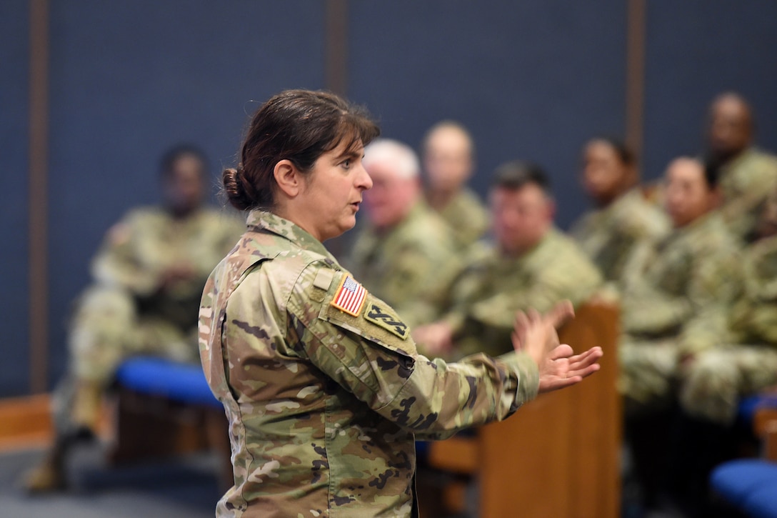 Brig. Gen. Kris A. Belanger, Commanding General, 85th U.S. Army Reserve Support Command, conducts a town hall session with her assigned Army Reserve Soldiers, currently mobilized to First Army’s 5th Armored Brigade, at Fort Bliss, Texas, March 1-3, 2019.