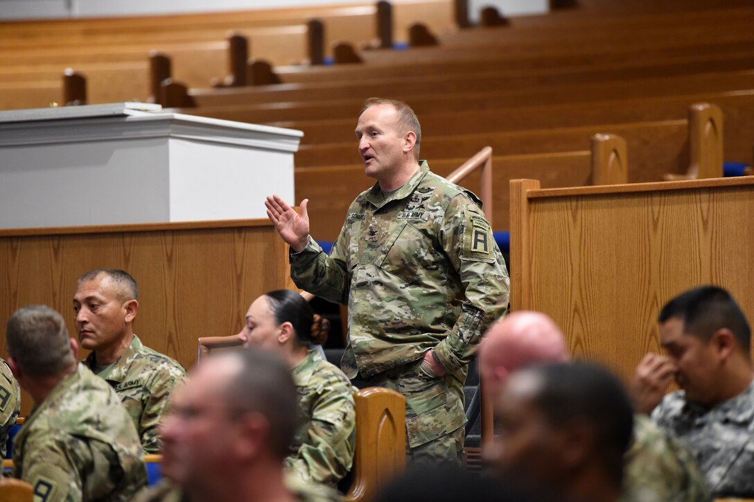 Col. Martin Schmidt, brigade commander for First Army’s 5th Armored Brigade, provides insight to questions from mobilized Army Reserve Soldiers, during a town hall conducted by Brig. Gen. Kris A. Belanger, Commanding General, 85th U.S. Army Reserve Support Command, at Fort Bliss, Texas, March 1-3, 2019.