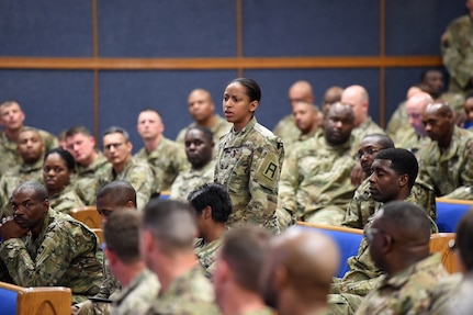 A mobilized Army Reserve Soldier asks a question, during a town hall conducted by Brig. Gen. Kris A. Belanger, Commanding General, 85th U.S. Army Reserve Support Command, at Fort Bliss, Texas, March 1-3, 2019.