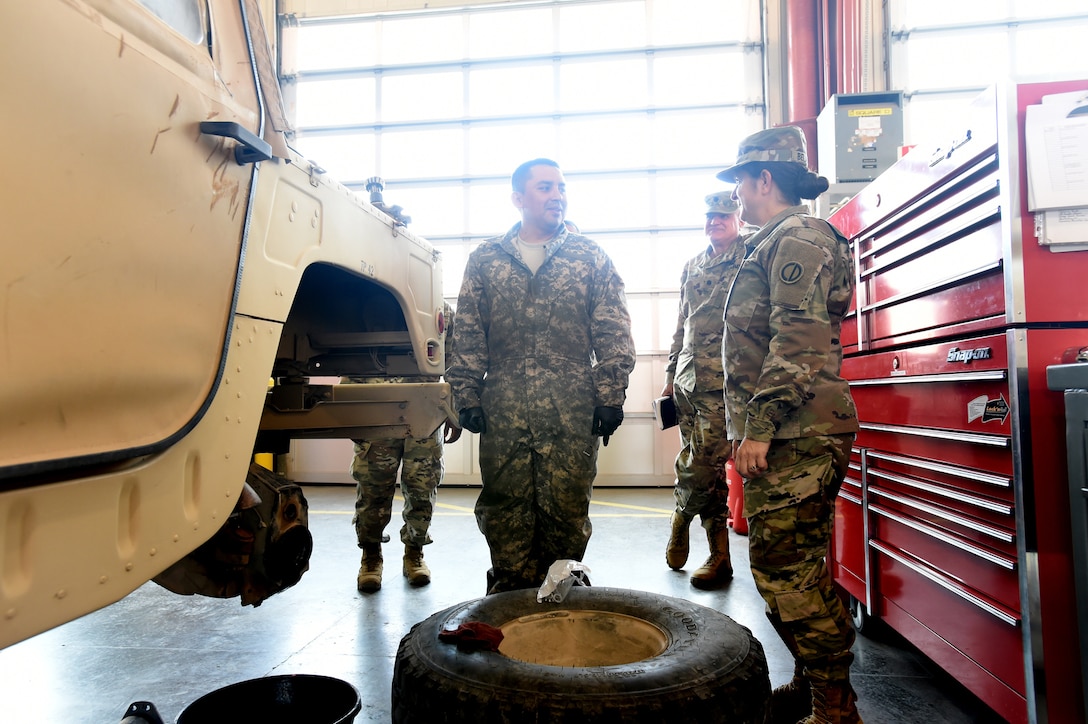 Brig. Gen. Kris A. Belanger, right, Commanding General, 85th U.S. Army Reserve Support Command, briefly meets with Staff Sgt. Alexander Lopez, 91B, (Wheeled Vehicle Mechanic) assigned to 1st Battalion, 382nd Regiment, 85th U.S. Army Reserve Support Command, operationally controlled by First Army’s 5th Armored Brigade, at Fort Bliss, Texas, March 1-3, 2019.