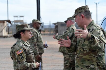 Lt. Col. David Graves, right, battalion commander of the 1st Battalion, 289th Regiment, 85th U.S. Army Reserve Support Command, gives a brief to Brig. Gen. Kris A. Belanger, Commanding General, 85th USARSC, during Belanger’s command visit, there at Fort Bliss, Texas, March 1-3, 2019.