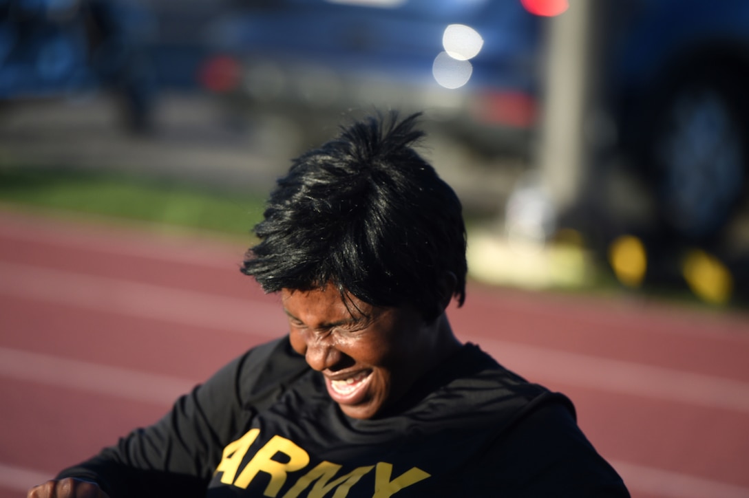 First Sgt. Heather West, assigned to the 85th U.S. Army Reserve Support Command and operationally controlled by First Army’s 5th Armored Brigade Headquarters, conducts morning physical training, focused on body movements around the developing Army Combat Fitness Test, Mar. 3, 2019.