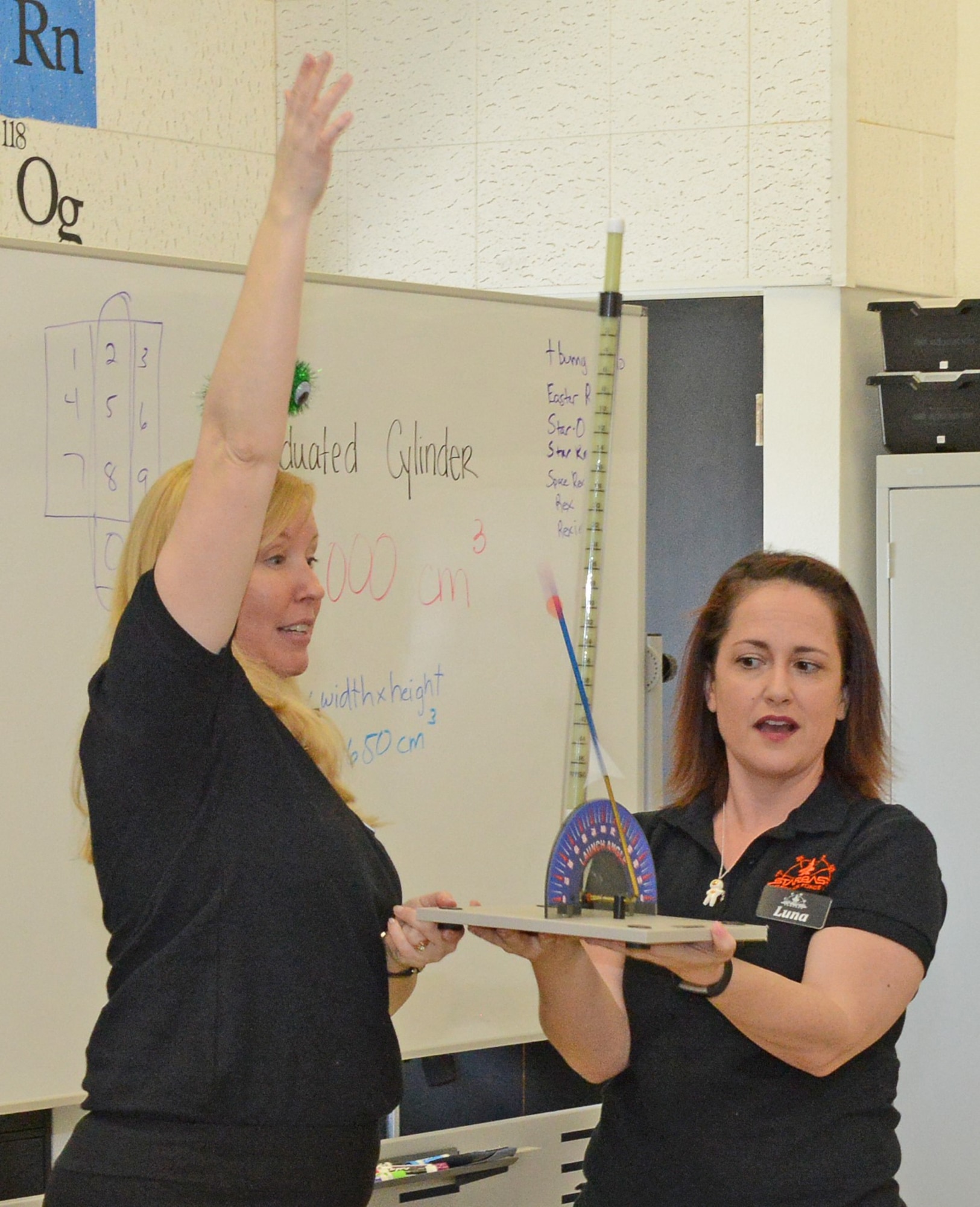 Janet Creech (left) and Caitlin Craig, STARBASE Instructional Systems specialists, launch a straw rocket on the first day of class for Edwards Air Force Base’s STARBASE program March 5, 2019. Edwards is one of nine active duty bases with an official STARBASE program. The STEM-based program familiarizes elementary students, primary fifth and sixth graders, from all backgrounds to the world of science, technology, engineering and mathematics. (U.S. Air Force photo by Kenji Thuloweit)