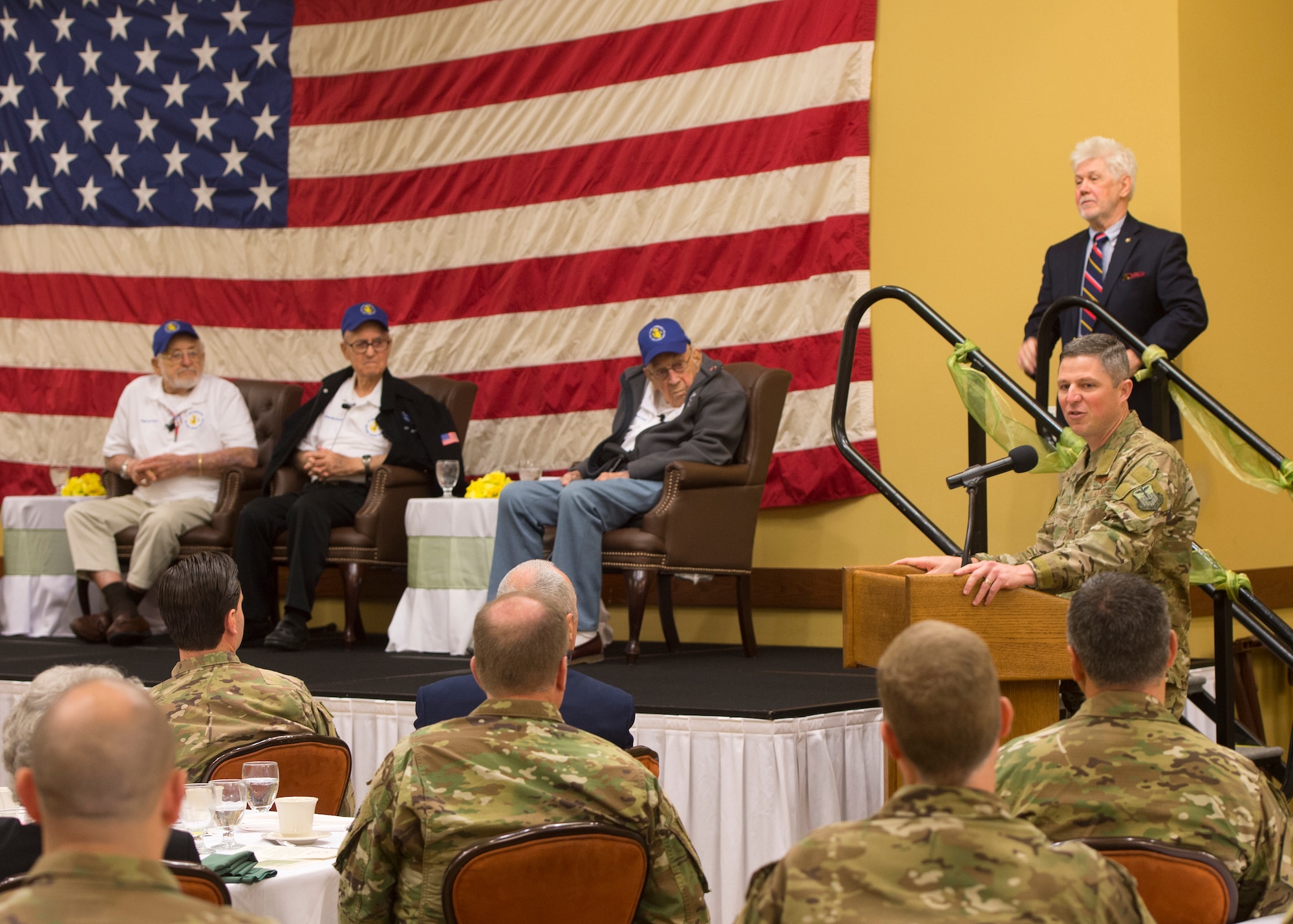 Commander of the 1st Special Operations Wing gives closing remarks during a veteran discussion panel