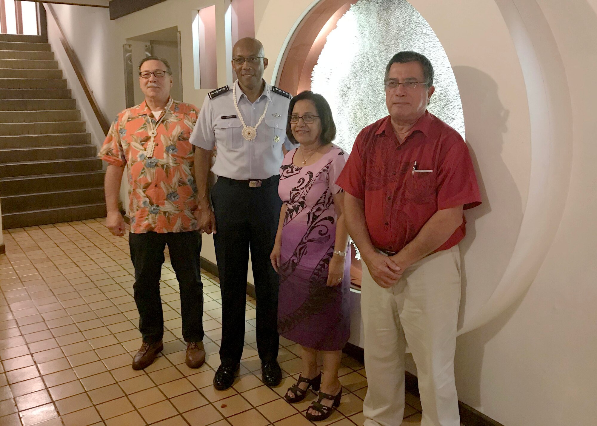 Gen. CQ Brown, Jr., Pacific Air Forces commander (center left), poses for a group photo with President Hilda Heine, President of the Republic of the Marshall Islands, during a visit to the Republic of Palau, Feb. 19, 2019.