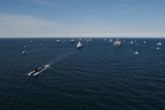 Thirty maritime units ships from 12 nations maneuvered in close formation for a photo exercise, June 9, 2018, during Exercise Baltic Operations (BALTOPS) 2018 in the Baltic Sea. 