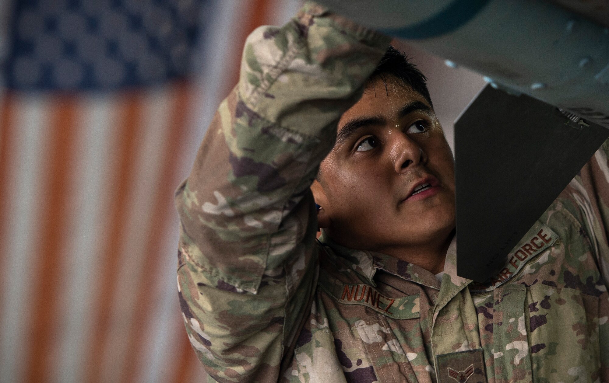 U.S. Air Force Airman 1st Class Daniel Nunez, 20th Aircraft Maintenance Squadron, 77th Aircraft Maintenance Unit load crew member, connects fins to a munition during a Load Crew of the Year competition at Shaw Air Force Base, S.C., March 1, 2019.