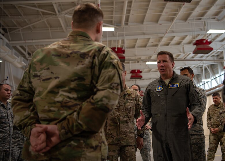 Maj. Gen. Patrick Doherty, 19th Air Force commander, engages in discussion with pilots and Airmen from the 62nd Fighter Squadron and 62nd Aircraft Maintenance Unit, March 4, 2019 at Luke Air Force Base, Ariz.