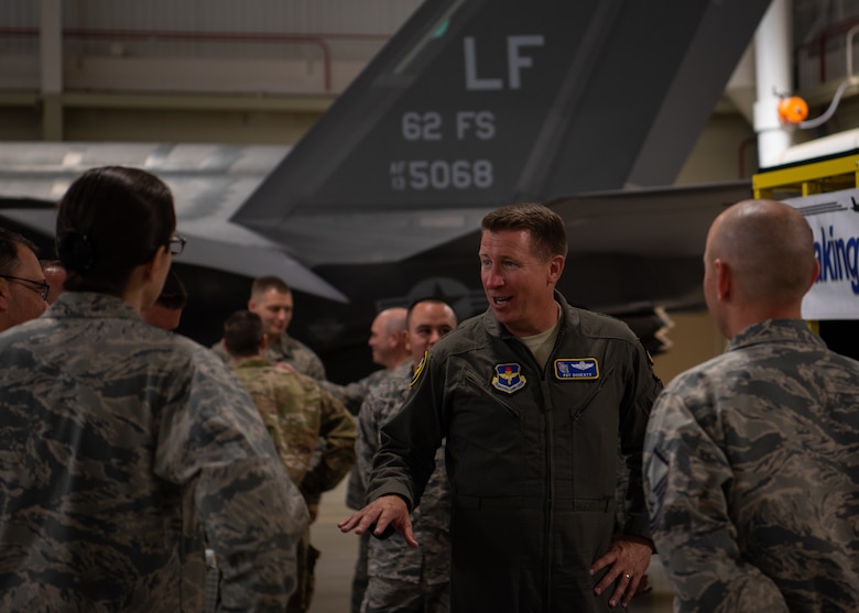 Maj. Gen. Patrick Doherty, 19th Air Force commander, discusses new maintenance innovations with Airmen assigned to the 62nd Fighter Squadron and 62nd Aircraft Maintenance Unit, March 4, 2019 at Luke Air Force Base, Ariz.