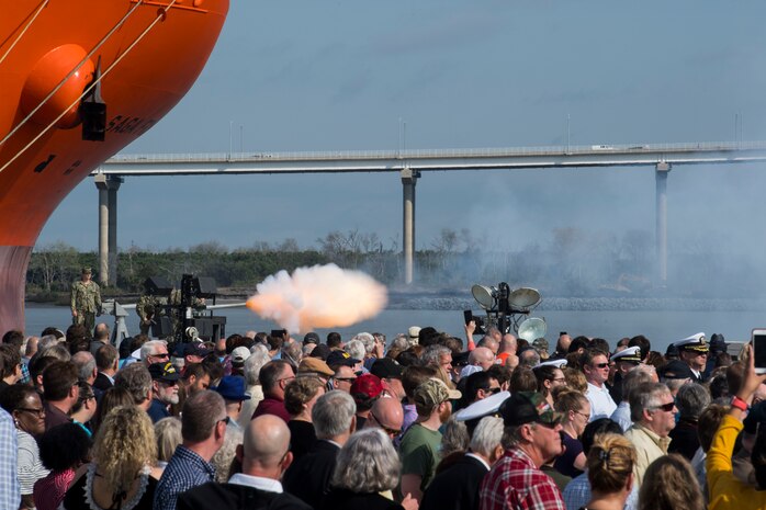 Ceremonial cannons fire during the commissioning ceremony of the USS Charleston (LCS-18) March 2, 2019, in Charleston, S.C.