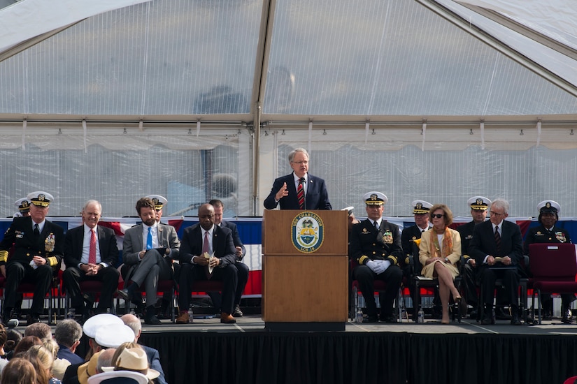 John Tecklenburg, mayor of Charleston, gives a speech at the USS Charleston (LCS-18) commissioning ceremony March 2, 2019, in Charleston, S.C.