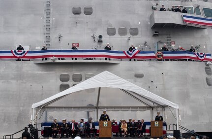 Cmdr. Christopher Brusca, USS Charleston (LCS-18) commanding officer, speaks to the assembled crowd at the ship’s commissioning ceremony March 2, 2019, in Charleston, S.C.