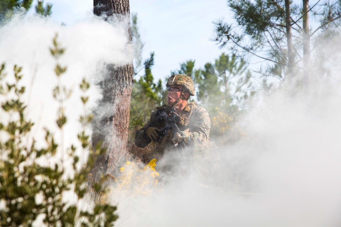 A Marine stands beside a tree in between a haze of smoke.