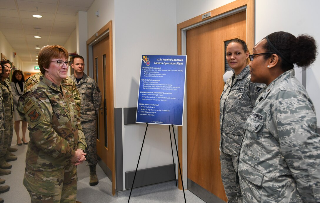 U.S. Air Force Lt. Gen. Dorothy Hogg, U.S. Air Force Headquarters Surgeon General, visited the 423rd Medical Squadron at RAF Croughton, United Kingdom, March 1, 2019. The visit was to recognize the great job the 423MDS is doing. (U.S. Air Force photo by Senior Airman Chase Sousa)