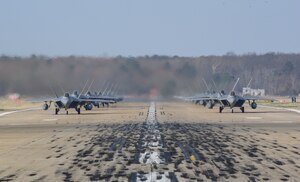 U.S. Air Force F-22 Raptors form the 1st Fighter Wing and 192nd Wing participate in a total force exercise at Joint Base Langley-Eustis, Virginia, Feb. 28, 2019.