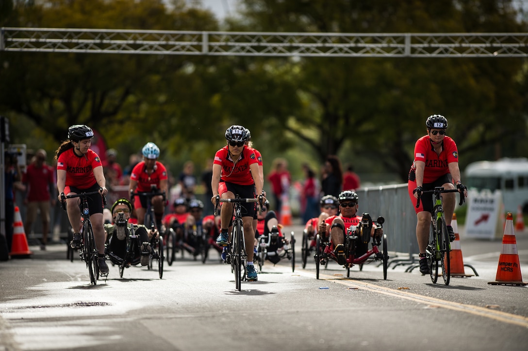 Marines participate in a cycling competition.