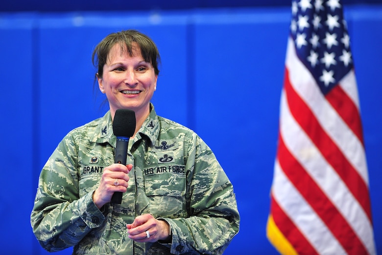 50th Space Wing commander, Col. Jennifer Grant, congratulates the wing during a commander's call at the Schriever Air Force Base, Colorado, March 5, 2019.  Grant thanked and congratulated the wing for its continued success scoring an "Effective" rating on all four major graded areas in the recent Air Force Space Command's Inspector General Unit Effectiveness Inspection capstone event. (U.S. Air Force Photo/Dennis Rogers)