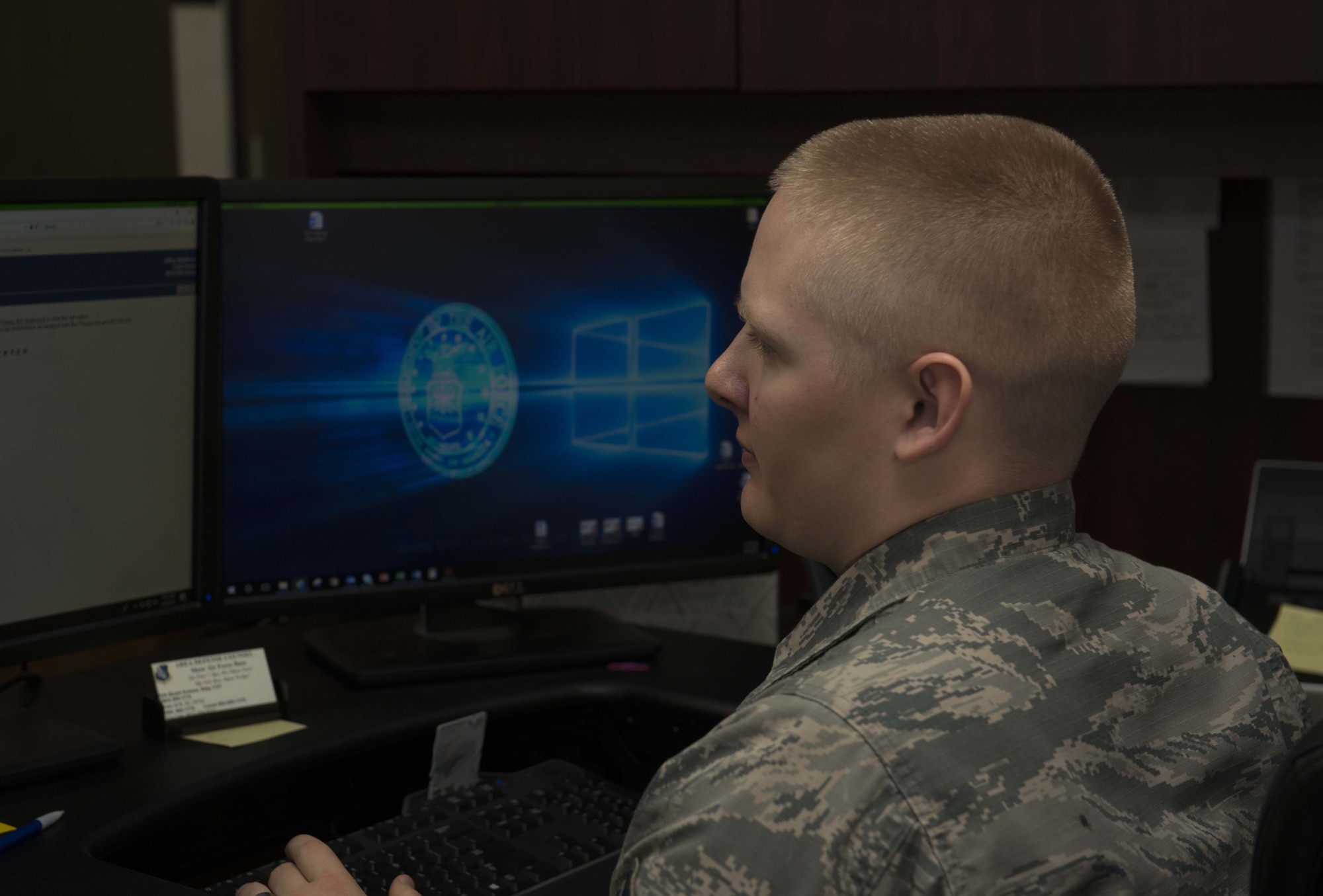 U.S. Air Force Staff Sgt. Justin Spear, Air Force Legal Operations Agency area defense council paralegal, researches for a case at Shaw Air Force Base, S.C., March 1, 2019.