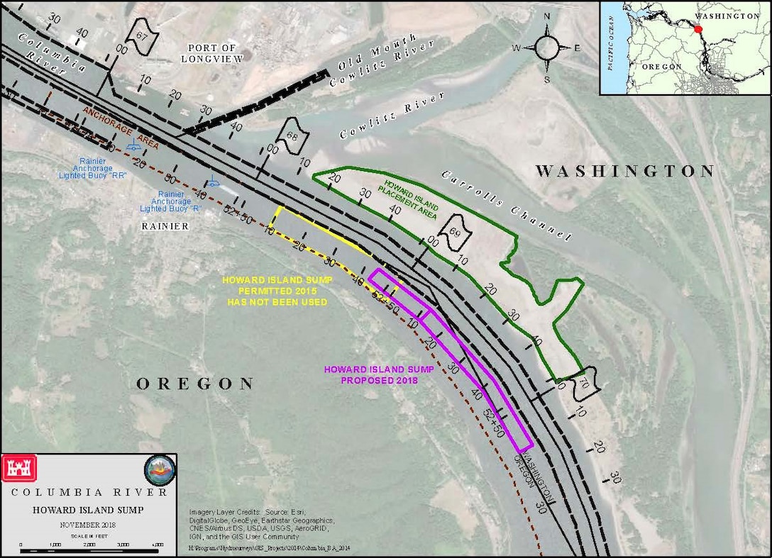 Original Howard Island re-handling site location with proposed revised location.